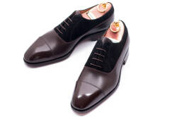 Brązowe eleganckie stylowe buty z czarnym zamszem klasyczne Yanko boxcalf marron suede negro 14743 typu oxford.