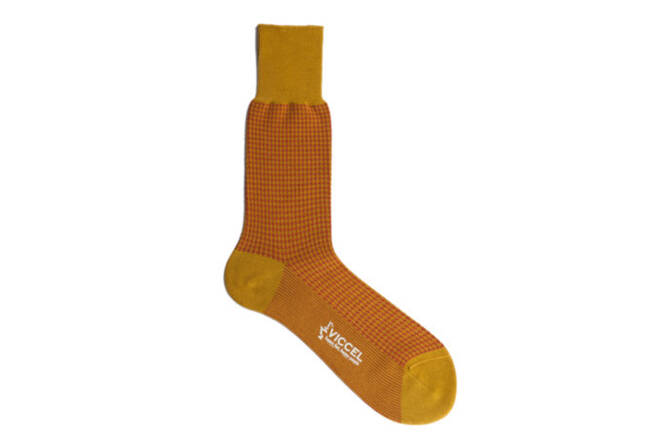 VICCEL / CELCHUK Socks Houndstooth Mustard / Taba - Musztardowe skarpety męskie z tabakowymi wzorami