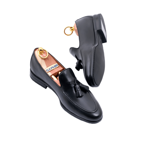 Klasyczne czarne skórzane loafersy męskie.TLB MALLORCA Sacchetto 2035 F R111 Funchal Negro