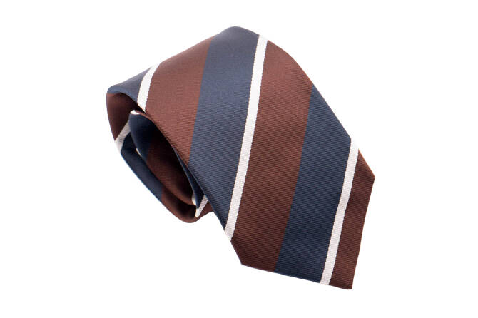 PATINE Tie Silk Stripe Marron / Bleu Petrol / Argent HAND MADE - Luksusowy jedwabny krawat w pasy