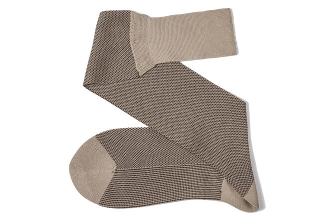 VICCEL / CELCHUK Knee Socks Birdseye Beige / Brown - Beżowe podkolanówki z brązowymi prześwitami