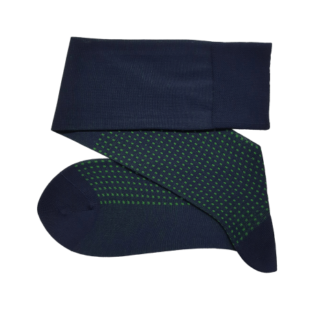 granatowe luksusowe podkolanówki męskie bawełniane w kropki zielone Viccel knee socks Navy blue Pistacio Green Square dots