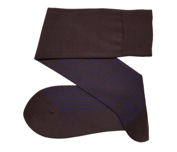 VICCEL / CELCHUK Knee Socks Square Dots Brown / Royal Blue  - Brązowe podkolanówki w niebieskie kwadratowe kropki