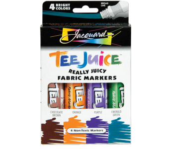 JACQUARD Tee Juice Fabric Art Marker Broad Tip Brights Set 4x 12mm / Zestaw 4 jasnych grubych pisaków do jeansu, tkanin, skór, drewna, gliny, papieru