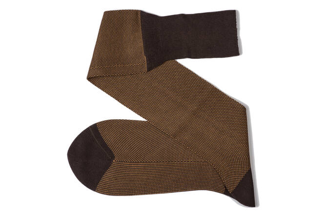 VICCEL / CELCHUK Knee Socks Birdseye Brown / Mustard - Brązowe podkolanówki z musztardowymi prześwitami