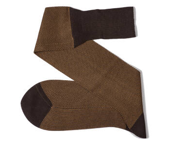 VICCEL / CELCHUK Knee Socks Birdseye Brown / Mustard - Brązowe podkolanówki z musztardowymi prześwitami