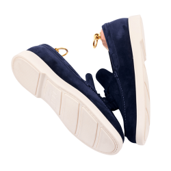 Komfortowe na lato loafersy TLB Mallorca zamszowe w granatowym kolorze, szyte metodą blake na kopycie sommelier