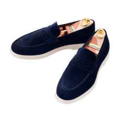 Komfortowe zamszowe granatowe loafersy na gumowej podeszwie TLB Mallorca, kopyto sommelier