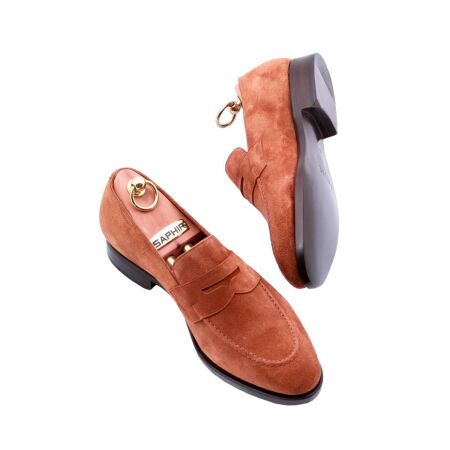 Penny loafers, suede cognac, podeszwa skórzana, goodyear welted, casual, smart casual. 