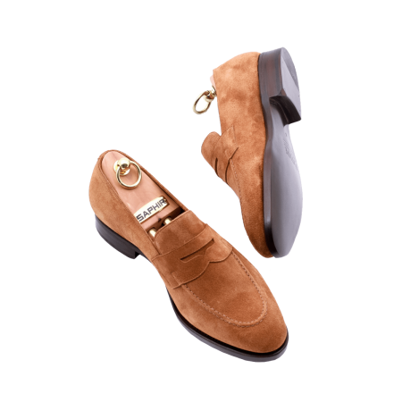 Penny loafers, suede cognac, podeszwa skórzana, goodyear welted, casual, smart casual. 