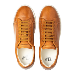 Klasyczne jasnobrązowe skórzane sneakersy męskie, TLB MALLORCA SNEAKERS S2 Beta Plus Deco Soft Cuero OFF White - jasnobrązowe skórzane Sneakersy