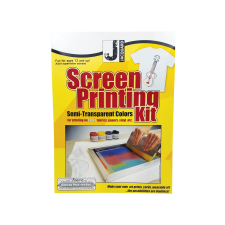 Zestaw do sitodruku Jacquard – widok wszystkich elementów: ramka, emulsja, folia, rakla i farby.