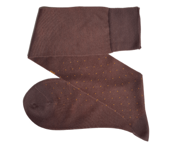VICCEL / CELCHUK Knee Socks Pin Dots Brown Mustard Cotton - Brązowe podkolanówki w musztardowe kropki