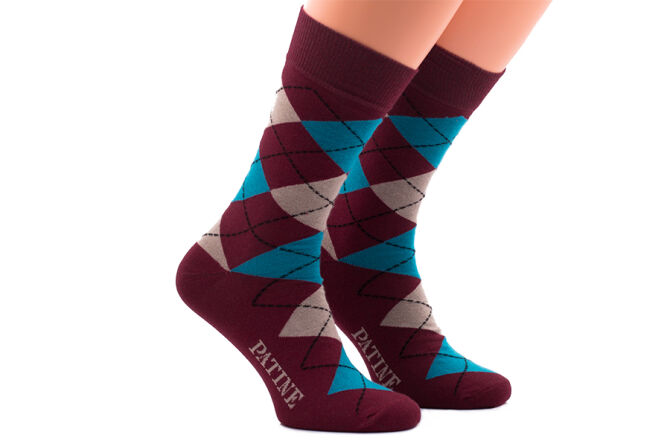 PATINE Socks PARO01-0605 - Bordowe skarpety w niebieskie i beżowe romby