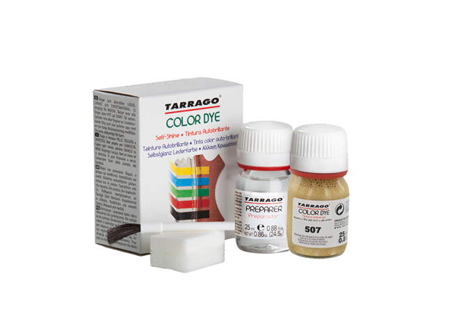 TARRAGO Color Dye Metallic 25ml + 25ml Kit (Paint + Preparer + Brush + Sponge) - Metaliczne farby akrylowe do malowania butów i skór (farba + płyn odtłuszczający + pędzelek + gąbka)