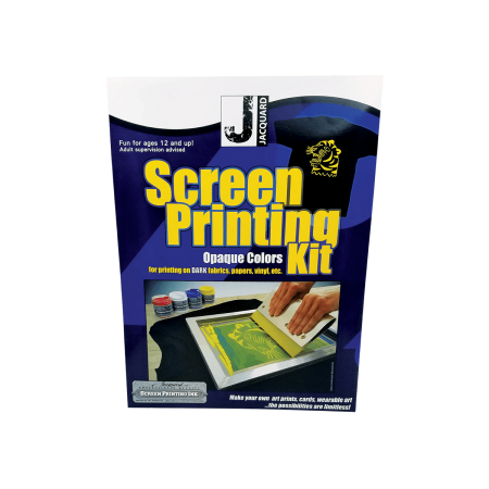 Zestaw do sitodruku Jacquard – widok wszystkich elementów: ramka, emulsja, folia, rakla i farby.