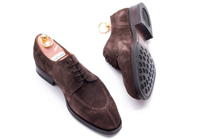 Brązowe skórzane eleganckie klasyczne buty męskie typu derby split toe yanko 980 szyte metodą goodyear welted  buty zamszowe, brązowy zamsz