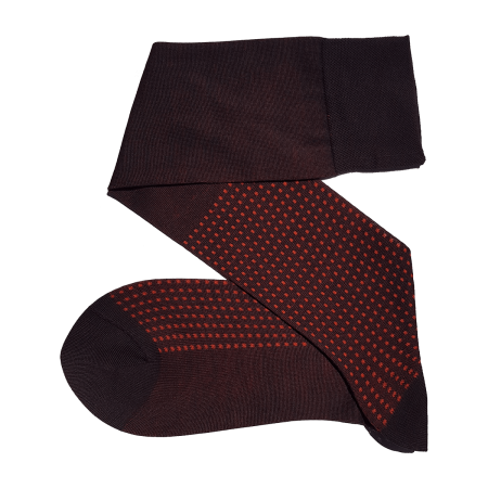 eleganckie bawełniane podkolanówki męskie viccel knee socks dark brown orange square dots