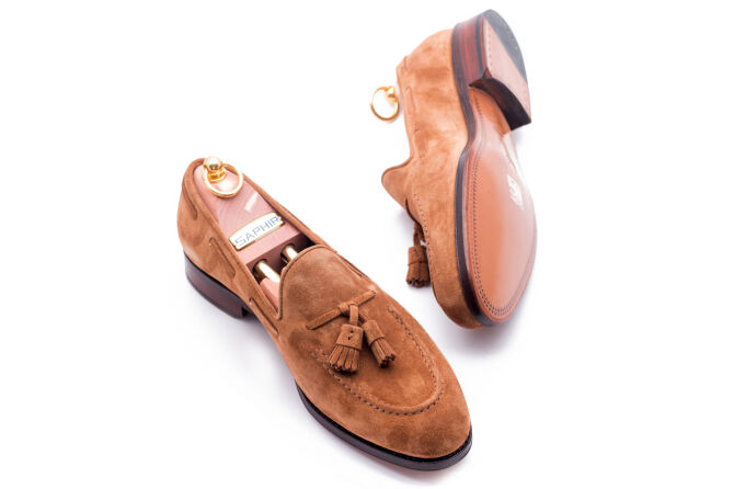 YANKO Tassel Loafers 498 G Suede Cognac - koniakowe loafersy męskie