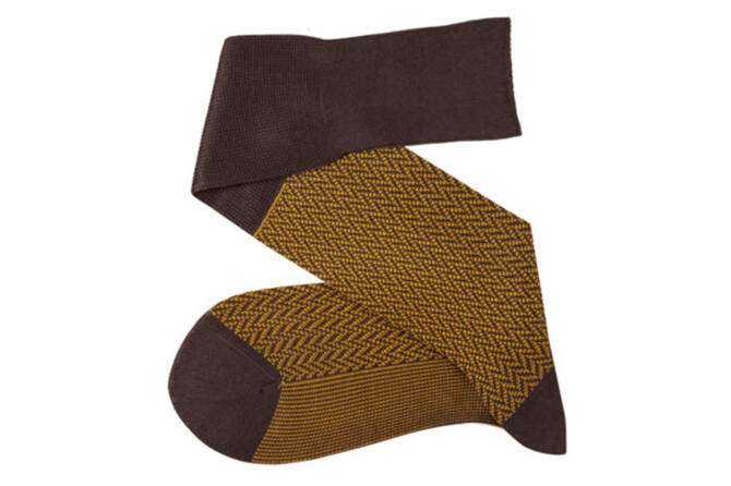 VICCEL / CELCHUK Knee Socks Herringbone Brown / Mustard - Brązowe podkolanówki z musztardowymi akcentami